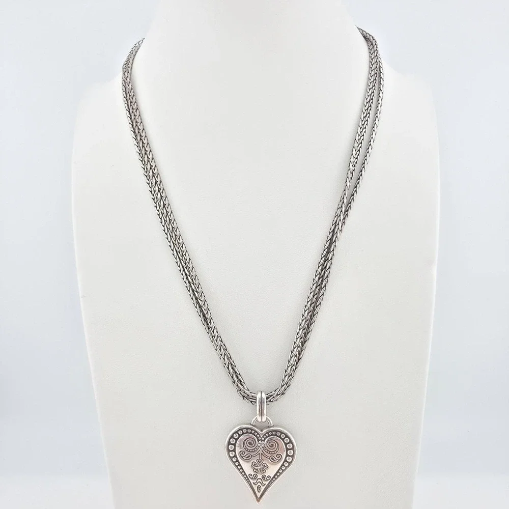 BRIGHTON 'Ophelia' Necklace Scrollwork Heart Pendent 3 Strand Silver Plate 17